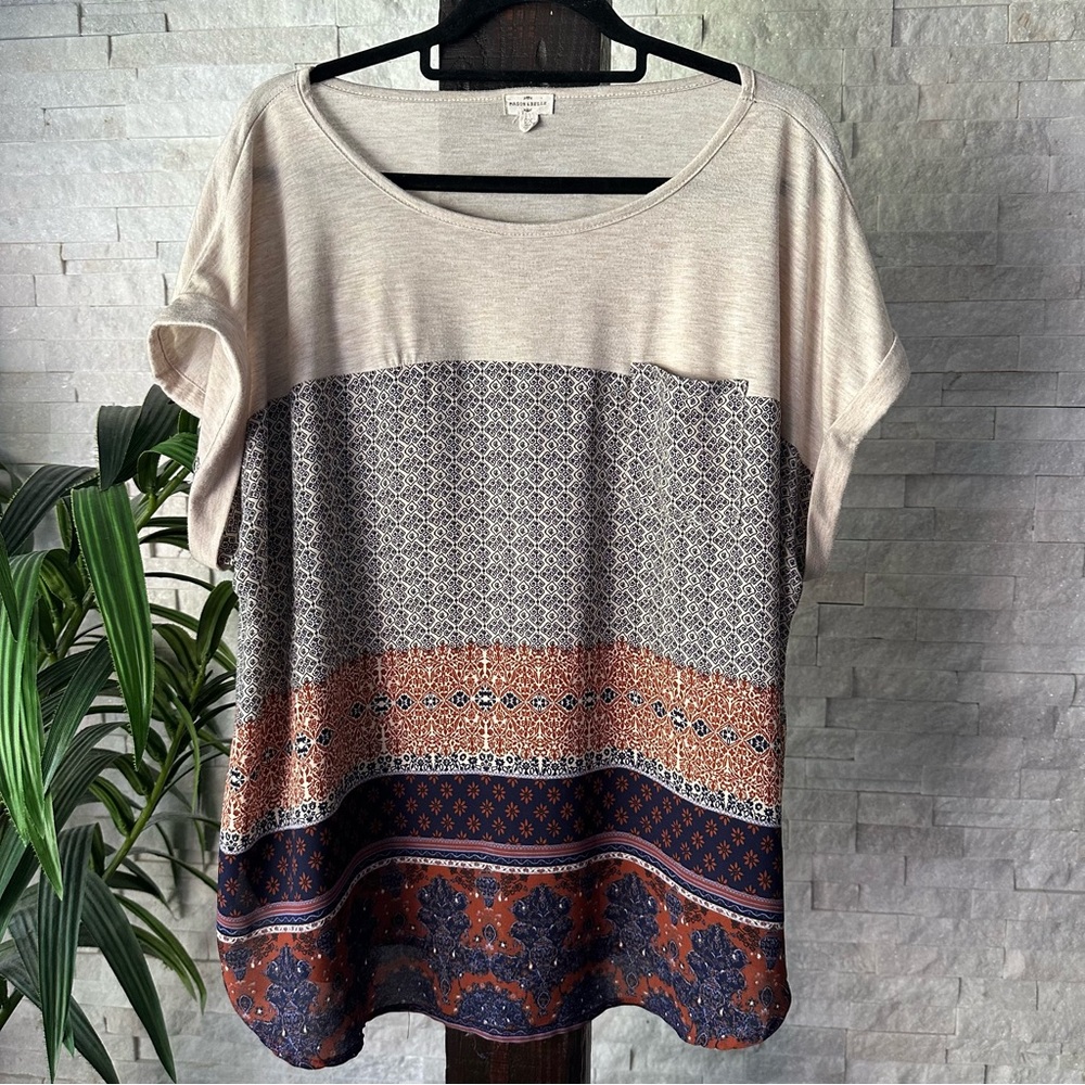Mason Belle Paisley Color Block Mixed Print Fall Short Sleeve Blouse Size 2X